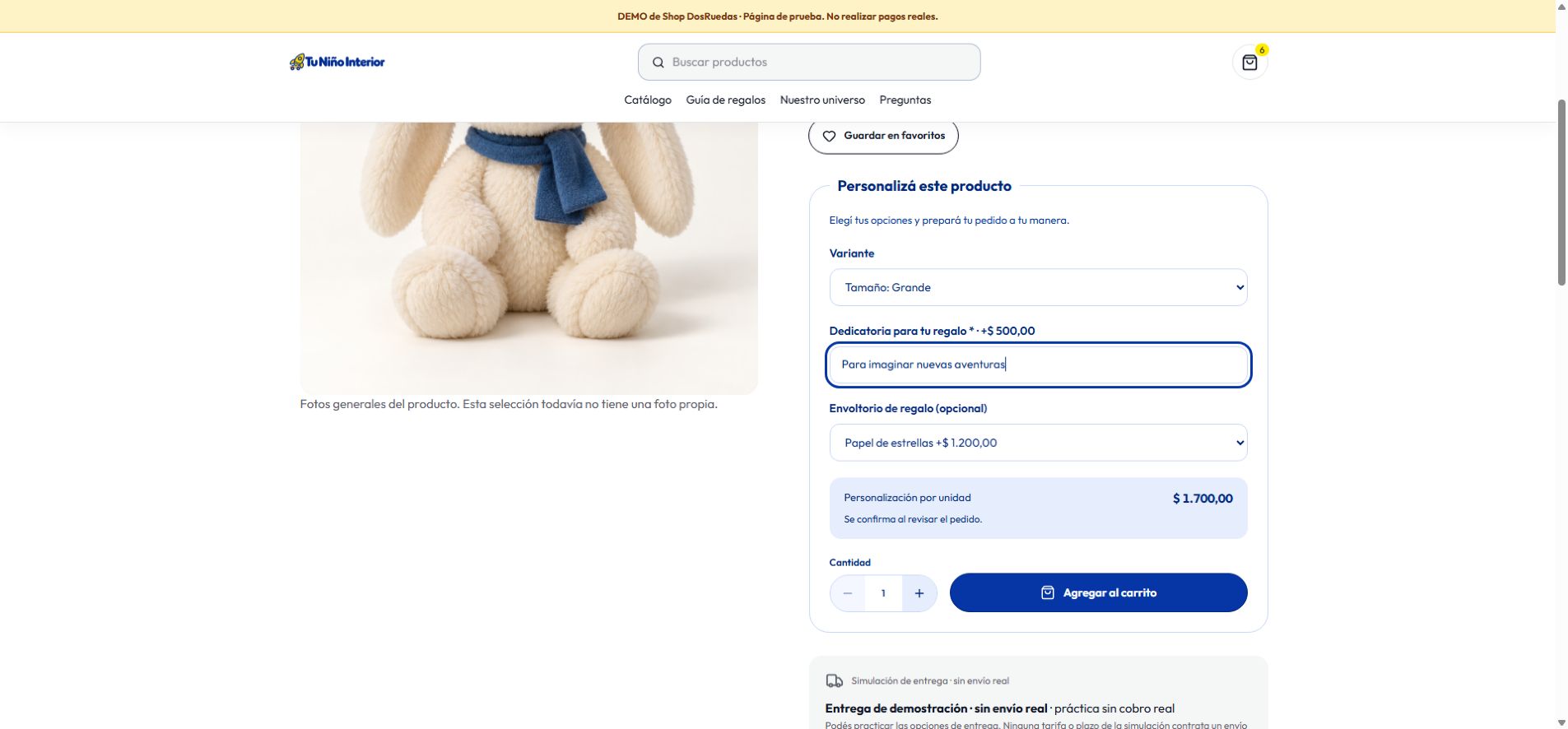Producto de demostración con dedicatoria y opciones de personalización antes de agregar al carrito.