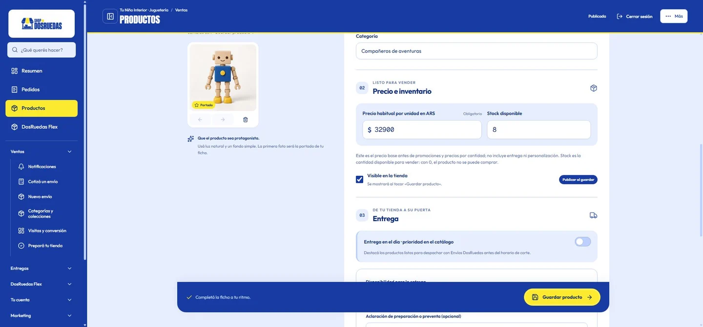 Panel real de una tienda de ejemplo: precio, stock y publicación de un producto.