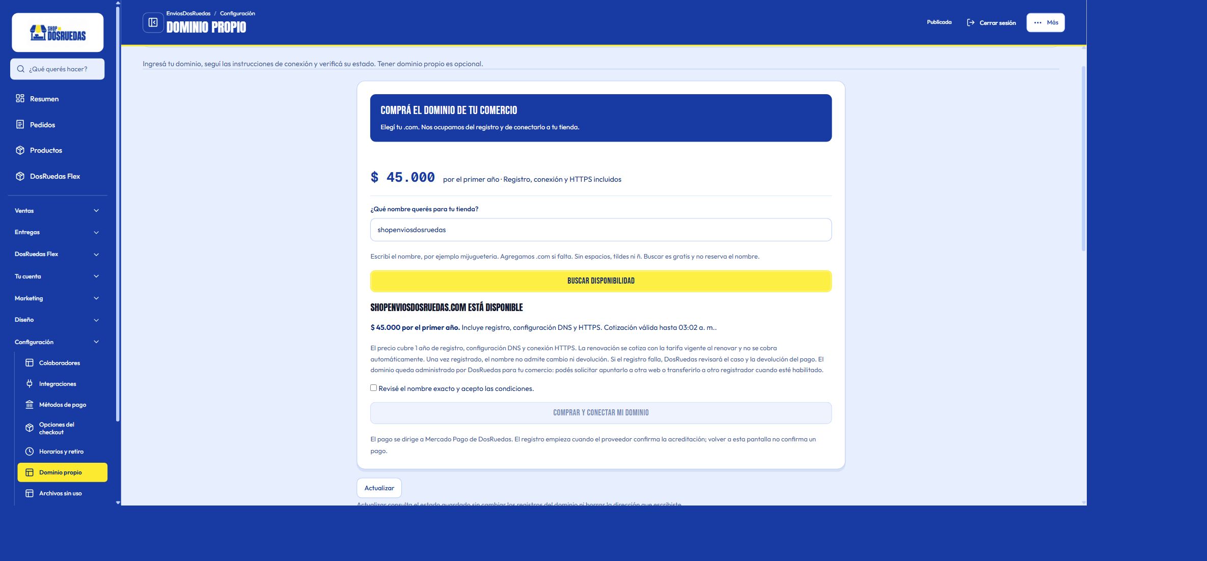 Pantalla real de compra individual de un dominio. El beneficio del plan anual se solicita por su modalidad correspondiente.