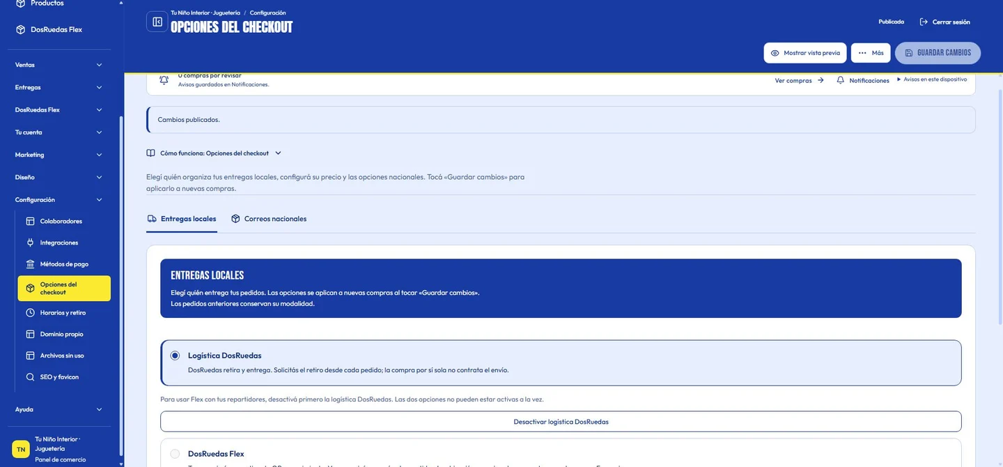 Opciones de entrega en el panel de una tienda de ejemplo.