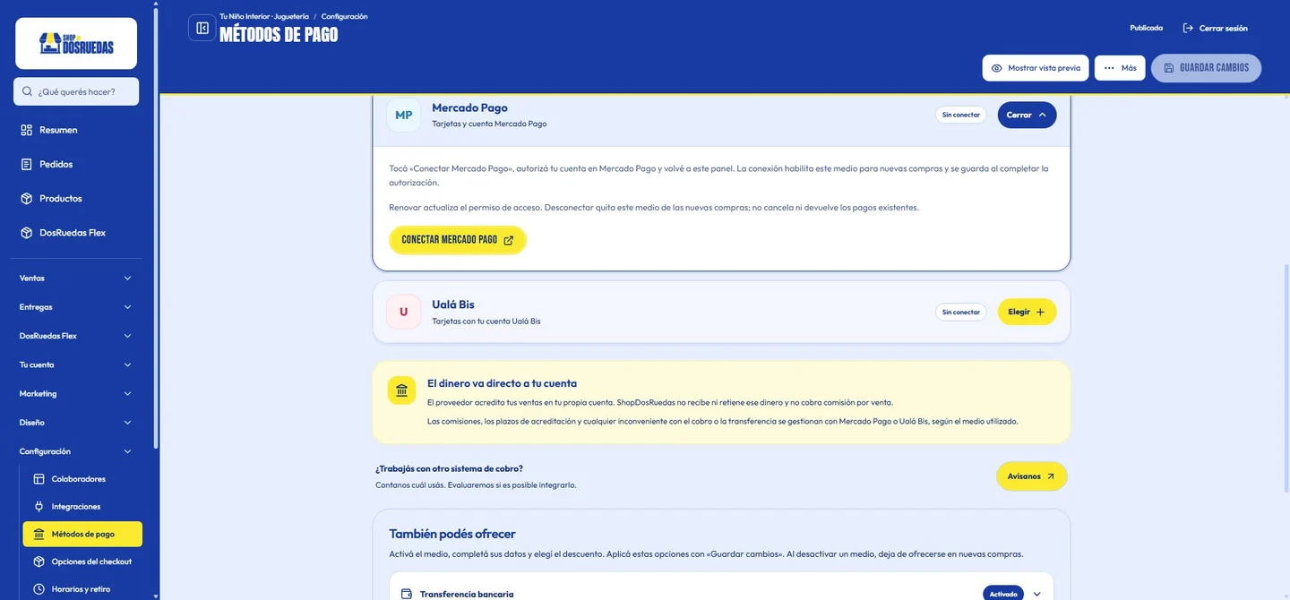 Configuración real de métodos de pago, sin credenciales ni datos bancarios.